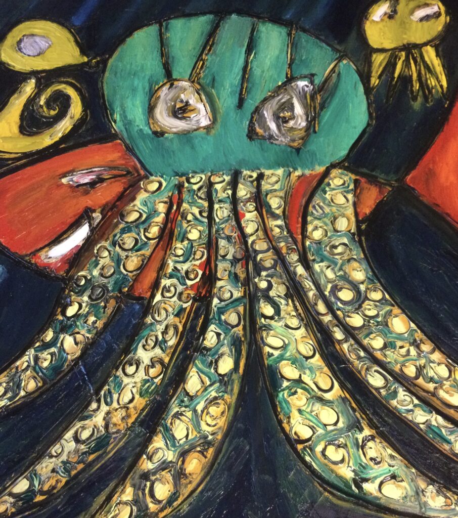 Søren Parmo oliemaleri. "Blæksprutten der fik for meget sild og snaps. (110x100)